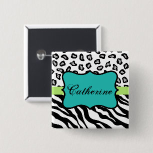 Black White Turquoise Zebra Leopard Name Badge 2 Inch Square Button