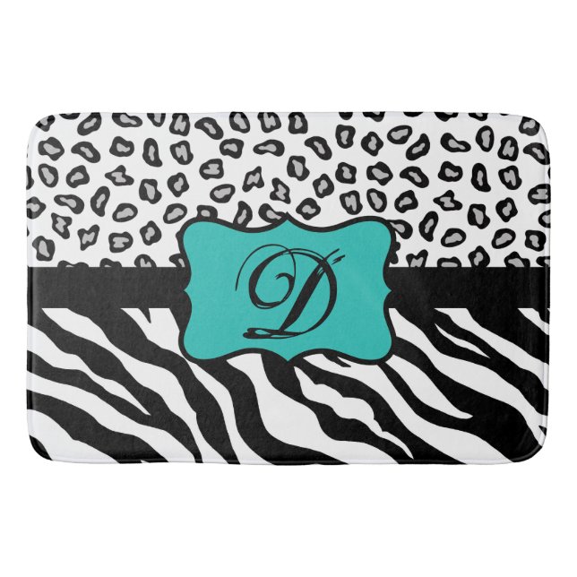 Black White Turquoise Zebra Leopard Skin Monogram Bath Mat (Front)