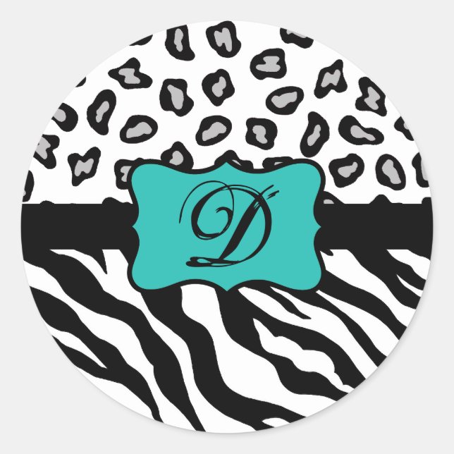 Black White Turquoise Zebra Leopard Skin Monogram Classic Round Sticker (Front)
