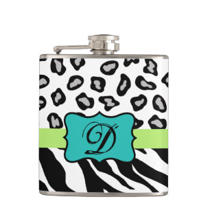 Black White Turquoise Zebra Leopard Skin Monogram Hip Flask