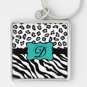 Black White Turquoise Zebra Leopard Skin Monogram Keychain