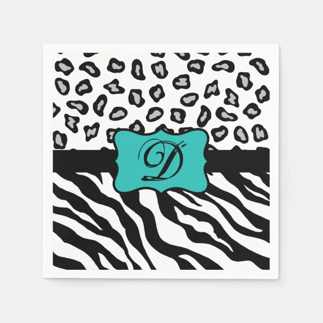 Black White Turquoise Zebra Leopard Skin Monogram Napkin (Front)