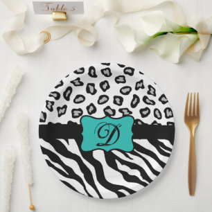 Black White Turquoise Zebra Leopard Skin Monogram Paper Plate