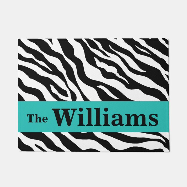 Black White Turquoise Zebra Skin Name Personalized Doormat (Front)