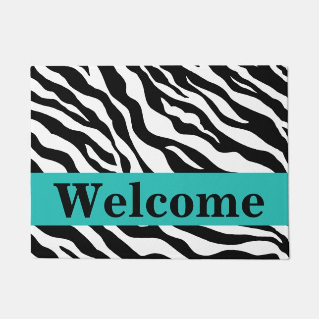 Black White Turquoise Zebra Skin Pattern Welcome Doormat (Front)