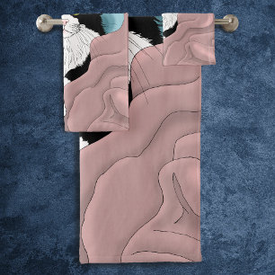 Black White Tuxedo cat Blankets Cute Blue Pink  Bath Towel Set