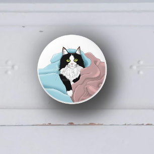 Black White Tuxedo Cat Blankets Cute Blue Pink  Ceramic Knob