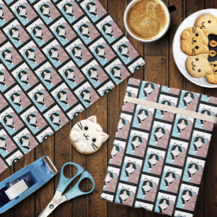 Black White Tuxedo Cat Blankets Cute Blue Pink  Wrapping Paper