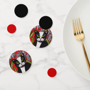 Black White Tuxedo Cat Daisies Red Black Confetti