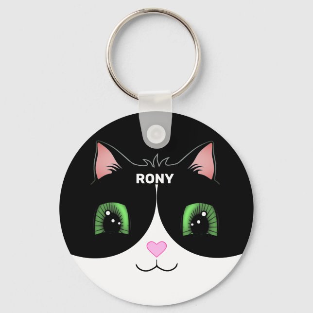 Black & White Tuxedo Cat Happy Face Keychain (Front)