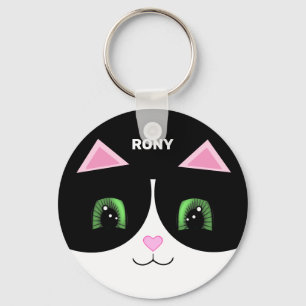Black & White Tuxedo Cat Happy Face Keychain