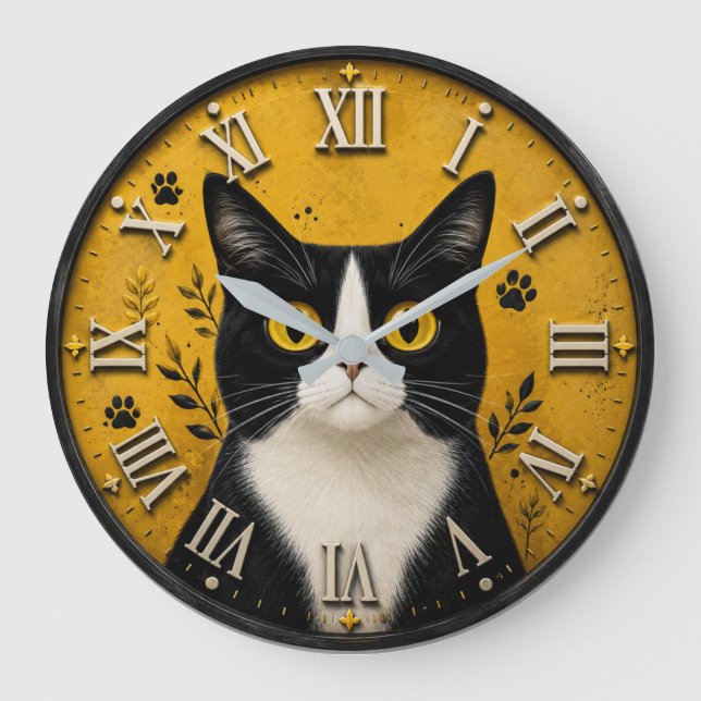 Black & White Tuxedo Cat Home Decor Large Clock (Front)
