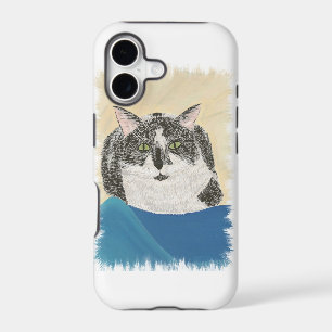 Black White Tuxedo Cat on Blue iPhone 5 Cases