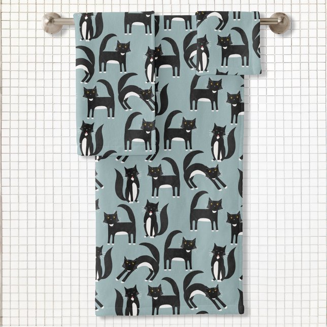 Black & White Tuxedo Cat Pattern Bath Towel Set (Black and White Tuxedo Cats pattern bathroom towel set)