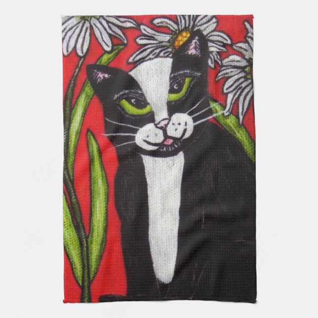 Black White Tuxedo Cat White Daisies Red Kitchen Towel (Vertical)