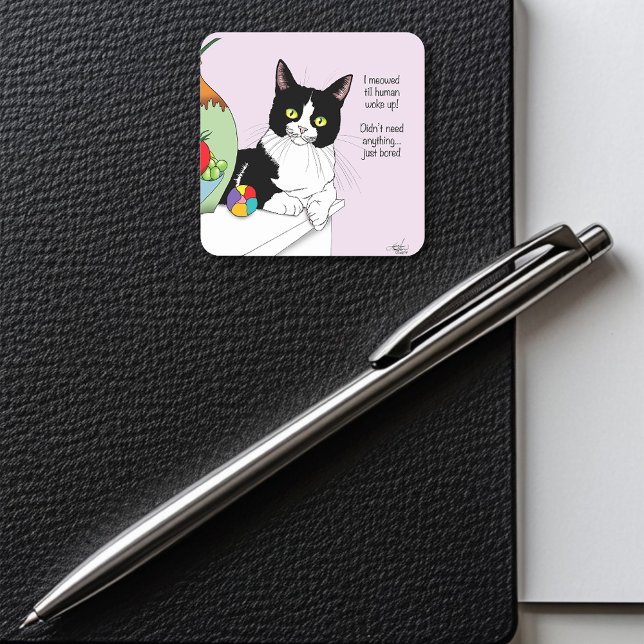 Black White Tuxedo Funny Cat Square Sticker (Creator Uploaded)