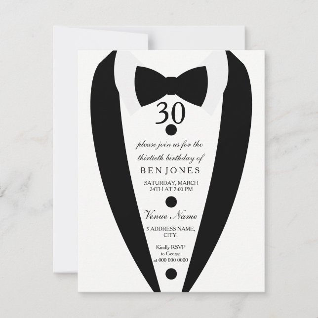 Black & White Tuxedo Mens 30th Birthday Invitation (Front)