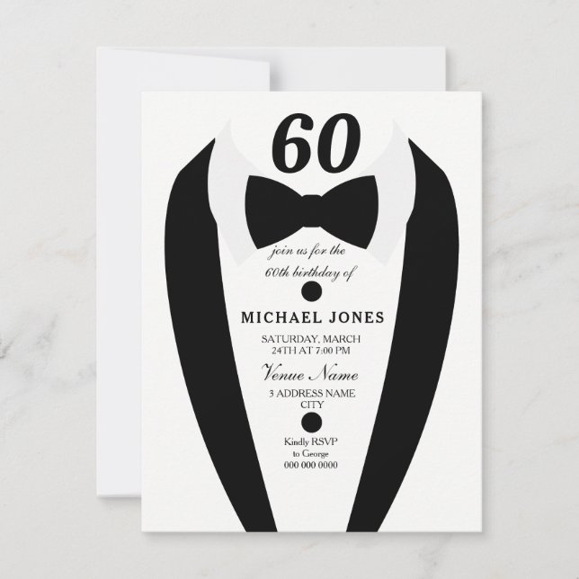 Black white Tuxedo Mens 60th Birthday Party Invite (Front)
