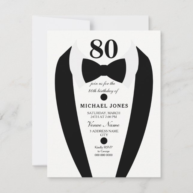 Black white Tuxedo Mens 80th Birthday Party Invite (Front)