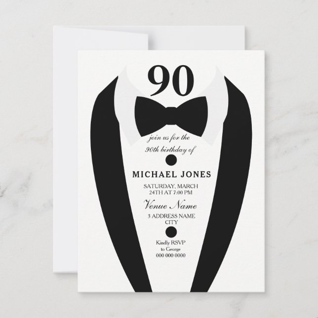 Black white Tuxedo Mens 90th Birthday Party Invite (Front)