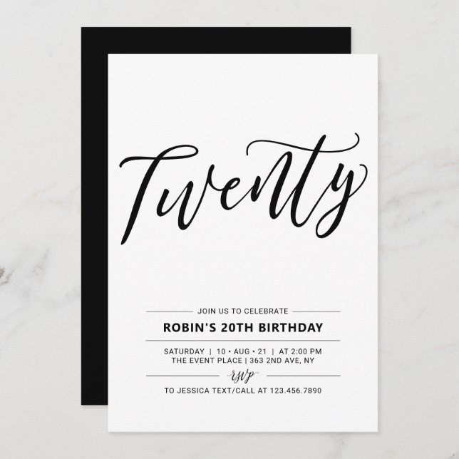 Black & White Twenty Minimal 20th Birthday Party Invitation (Front/Back)