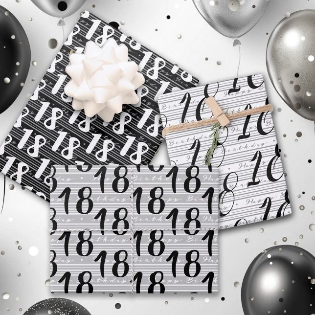  Black White Typography Numbers 18th Birthday Wrapping Paper Sheet (Creator Uploaded)