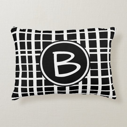 Black White Uneven Grid Pattern With Monogram Decorative Pillow