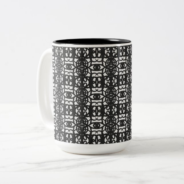 Black & White Unique Abstract Pattern Two-Tone Coffee Mug (Front Left)