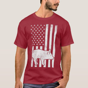 Black White US Flag Pig Farming Animal Patriotic T-Shirt