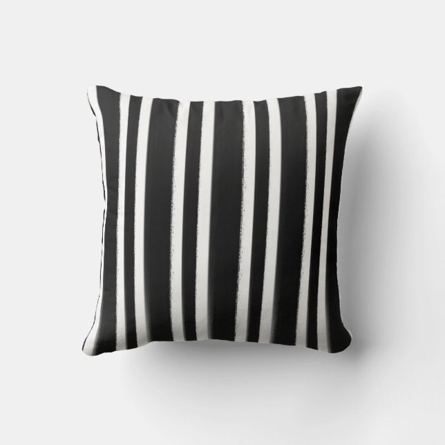 Black & White Vertical Stripe Paint Brush Throw Pillow (Back)