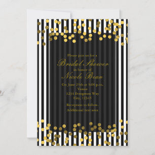 Black & White Vertical Stripes Gold Faux Foil Dots Invitation
