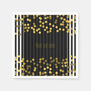 Black & White Vertical Stripes Gold Faux Foil Dots Napkin