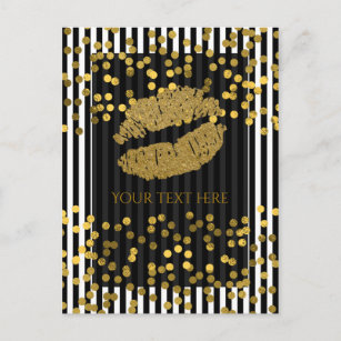 Black & White Vertical Stripes Gold Faux Foil Dots Postcard