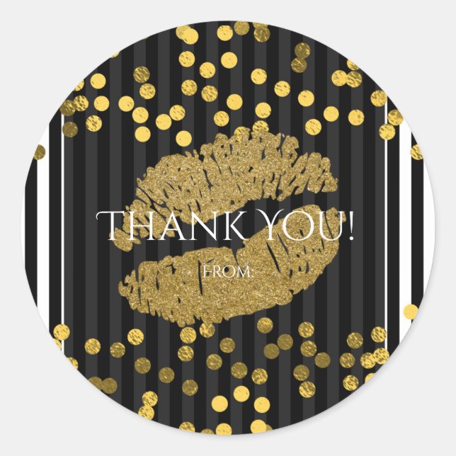 Black & White Vertical Stripes Gold Lips Kiss Classic Round Sticker (Front)