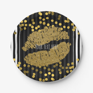 Black & White Vertical Stripes Gold Lips Kiss Paper Plate