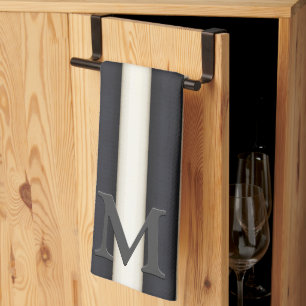 Black & White Vertical Stripes Gothic Monogram  Kitchen Towel