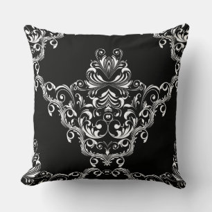 Black & White Victorian Damask Throw Pillow