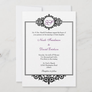 Black white Victorian scroll monogram wedding Invitation