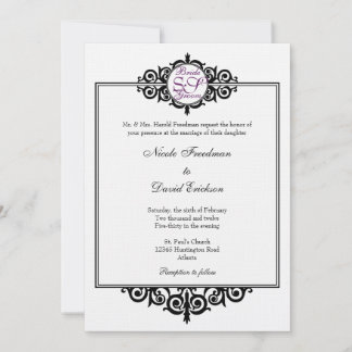 Black white Victorian scroll monogram wedding Invitation