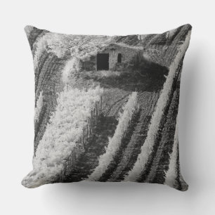 Black & White view of small stone barn Throw Pillow