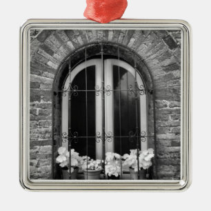 Black & White view of window and flower pots Metal Ornament
