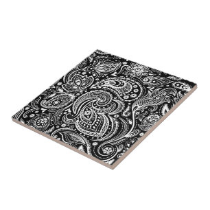 Black & White Vignette Paisley Lace Pattern Tile