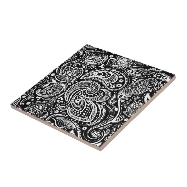 Black & White Vignette Paisley Lace Pattern Tile (Side)