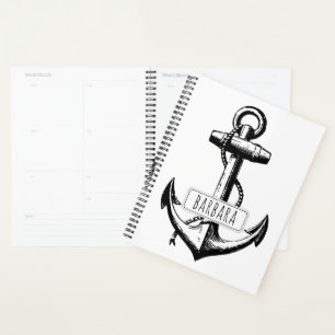 Black, white vintage anchor with name nautical planner