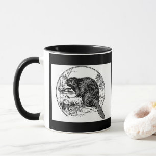 Black white vintage beaver coffee mug