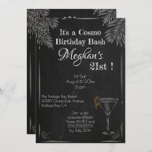 Black White Vintage Chalk 21st Cosmo Birthday Bash Invitation