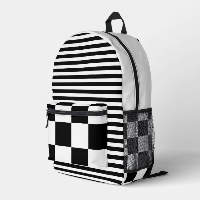 Black White Vintage Chequered and Striped Printed Backpack (Back Corner Right)