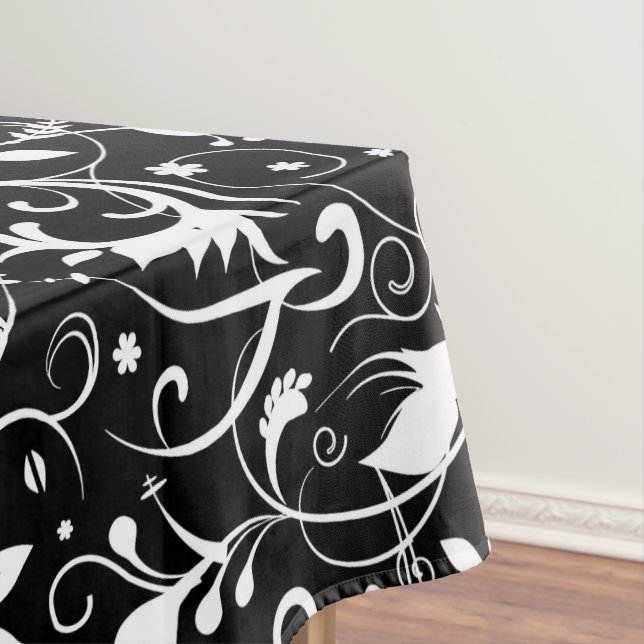 Black & White Vintage Damasks Fabric Pattern Tablecloth (In Situ)