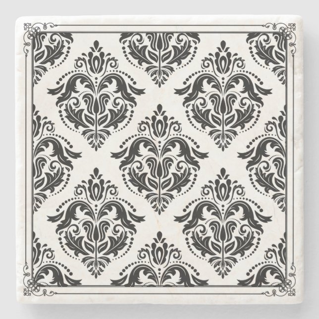 Black & White Vintage Damasks Vintage Frame Stone Coaster (Front)