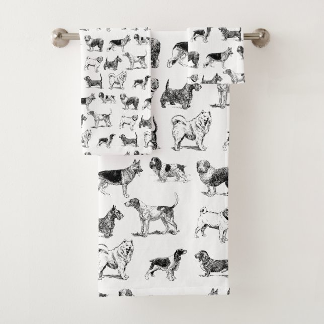 Black & White Vintage Dogs Pattern  Bath Towel Set (Insitu)